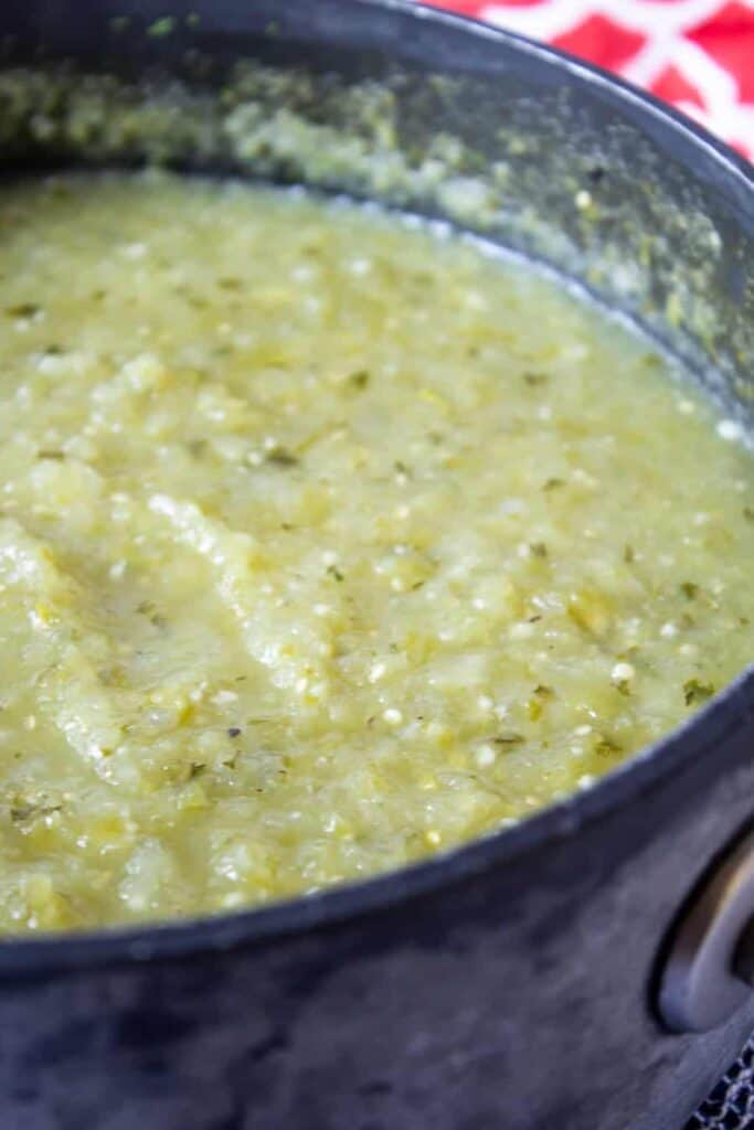 Green Enchilada Sauce in a sauce pan.