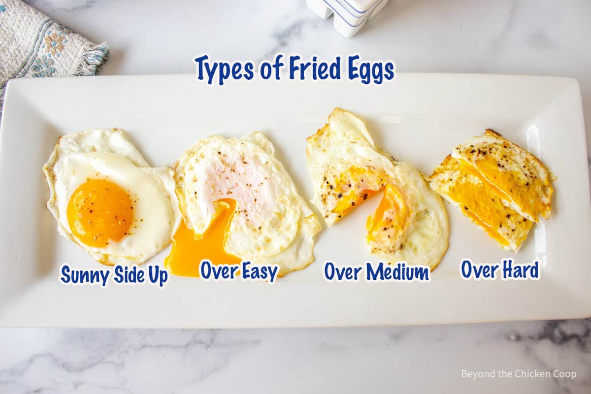 Four different types of fried eggs on a white platter.