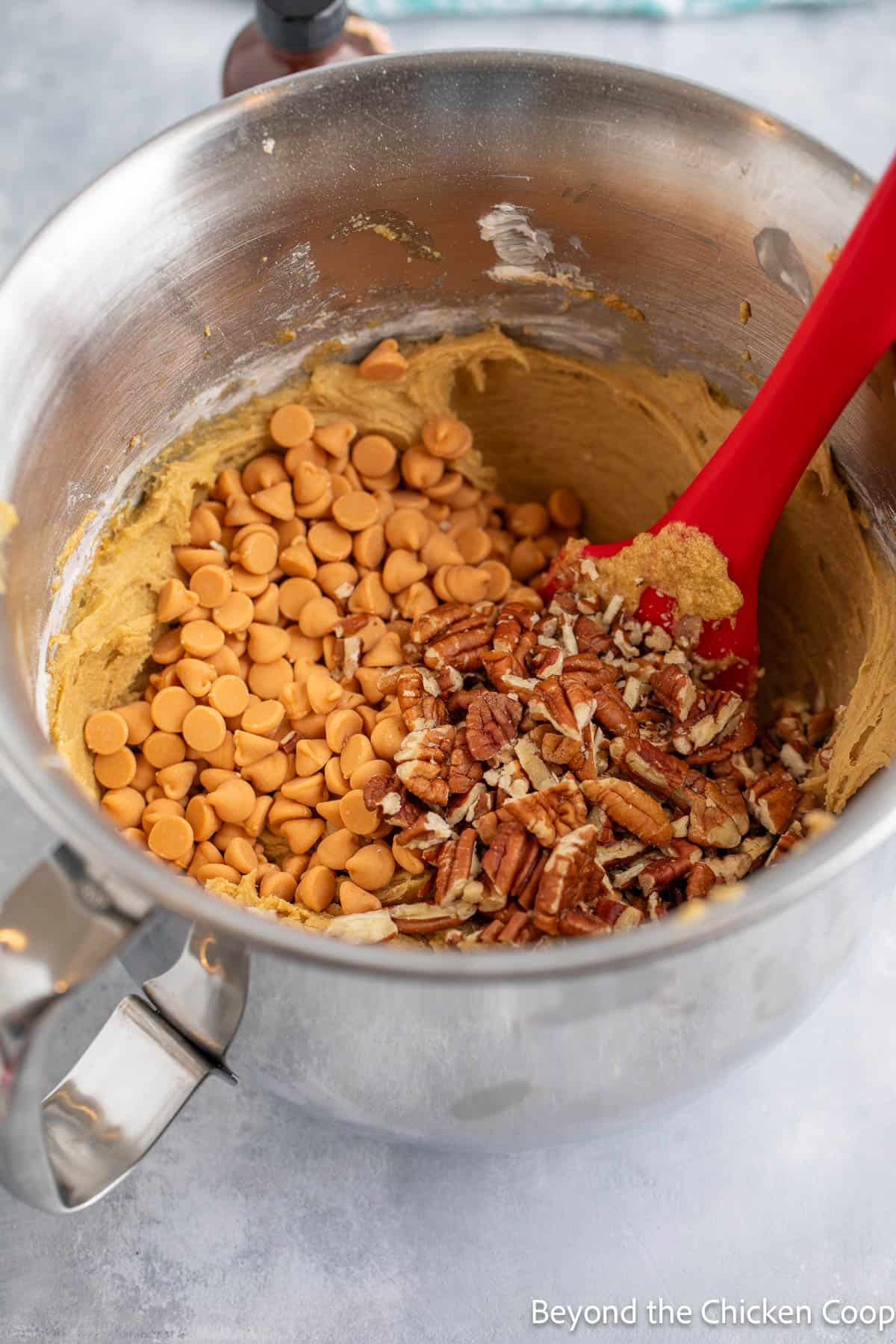 Folding butterscotch chips and pecans into batter. 