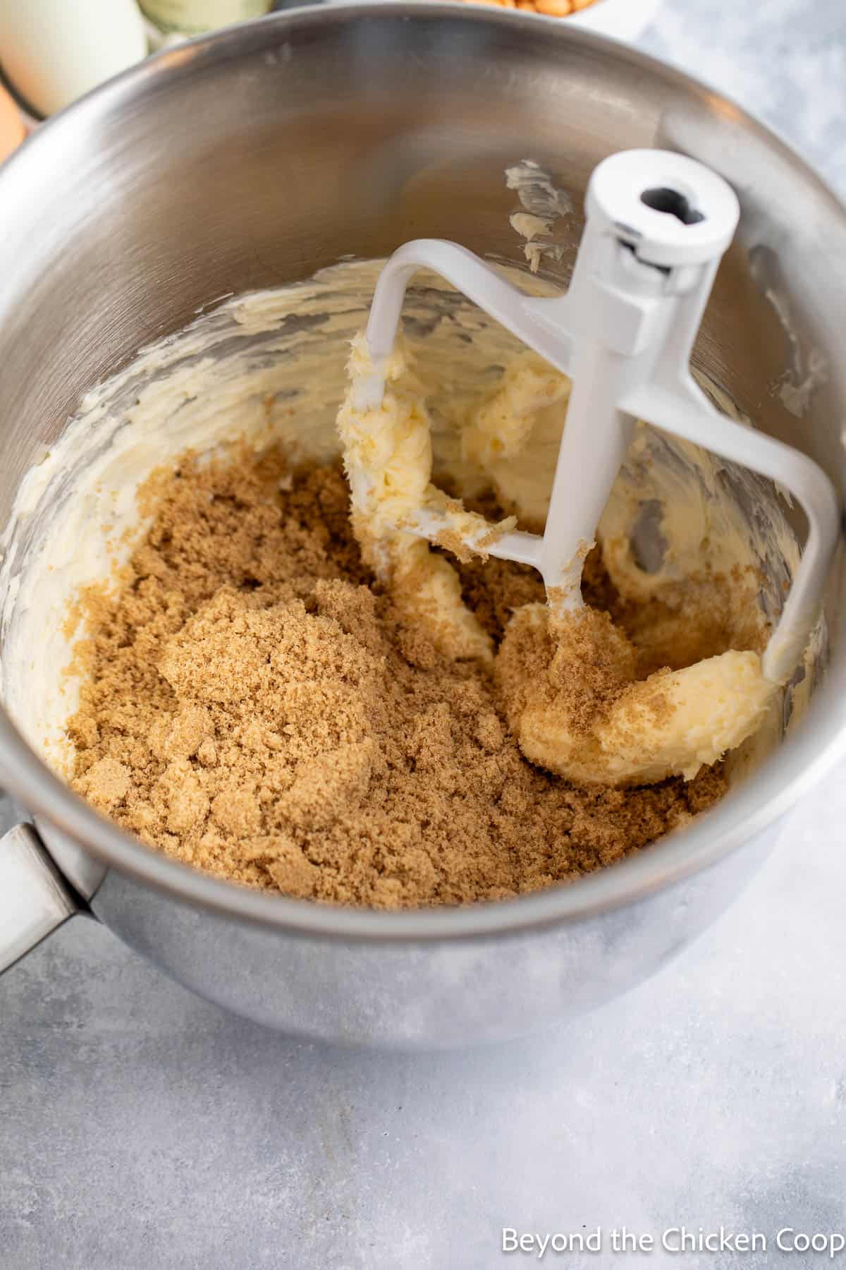 Whipped butter with brown sugar in a mixing bowl 