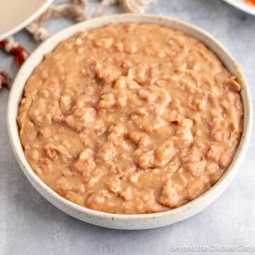 A bowl filled with Easy Refried Beans.