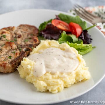 A plate filled with a chop, Yukon gold mashed potatoes topped with gravy.